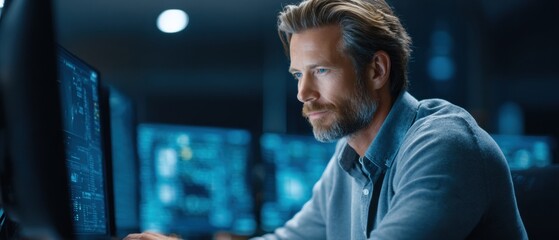 Fototapeta premium Focused software developer working at desktop computer with multiple monitors in modern office at night