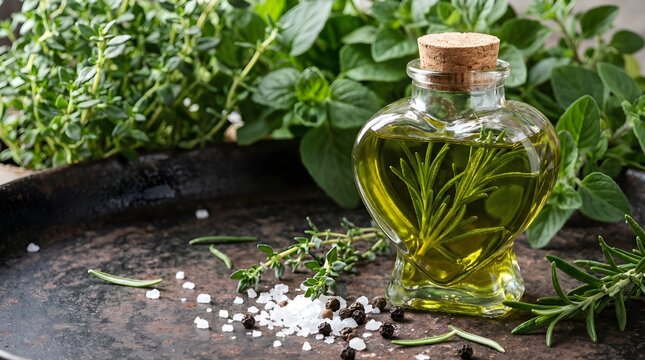 Heart shaped glass bottle filled with golden rosemary infused oil