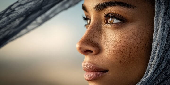 Close-up profile portrait of a woman with natural skin and freckles wearing a headscarf