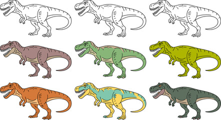 Colorful T-Rex Dinosaur Vector Character Set With Multiple Color Variations Isolated On Gray Background For Design © MDShakhawat