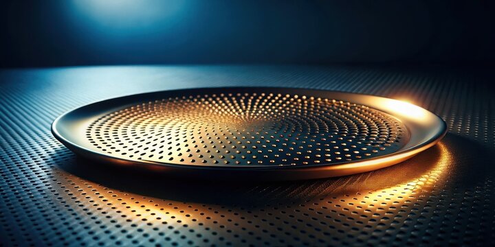 A circular perforated metallic tray with a radiant golden hue rests on a textured surface, reflecting ambient light.