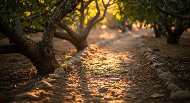 A dirt road passing through rows of fig trees with golden sunlight filtering through the leaves at sunset
