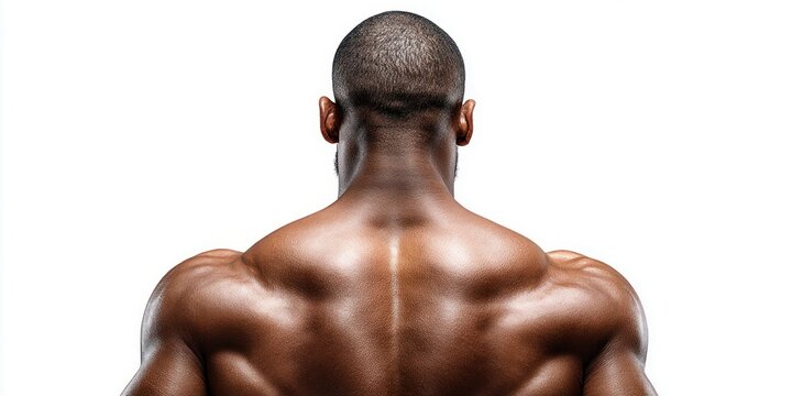 Back view of a muscular man with defined muscles and shoulders against a pure white background