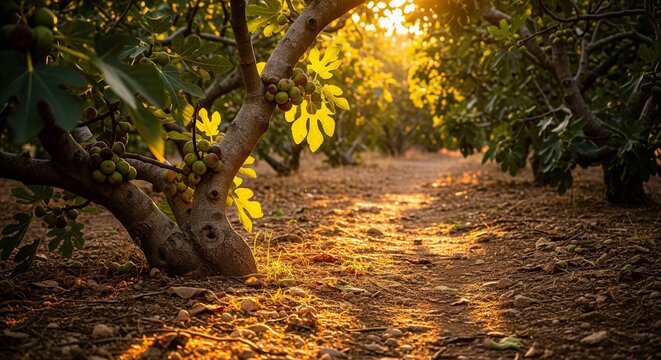 A beautiful fig tree orchard path illuminated by warm golden sunlight during sunset or sunrise