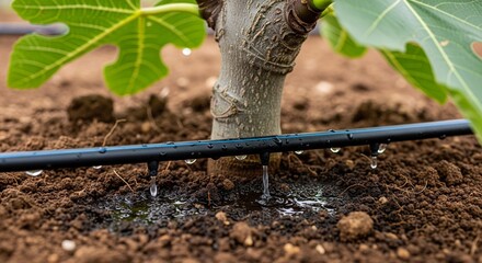 Obraz premium Detail view of water dripping from a black irrigation pipe onto the ground directly at the base of a young tree trunk