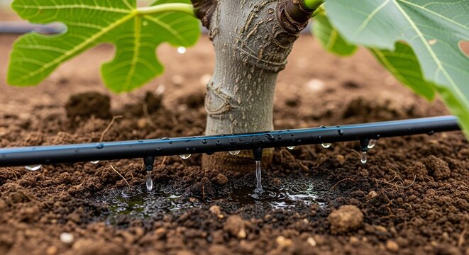 Detail view of water dripping from a black irrigation pipe onto the ground directly at the base of a young tree trunk