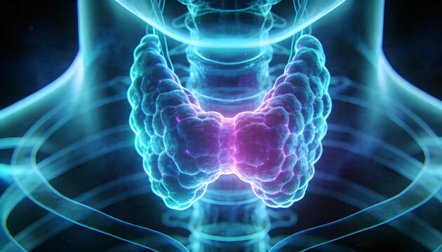 Displaying butterfly thyroid gland glowing in 3D medical neck view, with tracheal rings and spine
