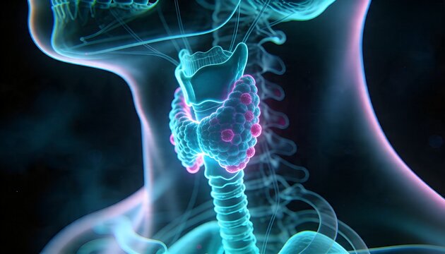 Showing bilobed thyroid with magenta nodules in 3D neck render, trachea visible, neon lighting