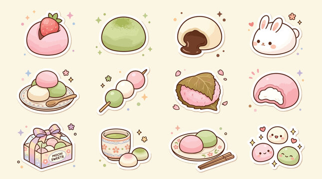 A delightful collection of kawaii-style Japanese mochi and dango desserts, featuring cute characters and various flavors.