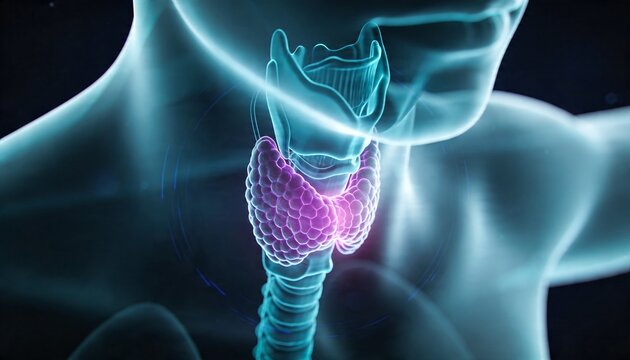 Displaying central thyroid gland glowing purple in 3D medical neck view with cyan trachea and spine