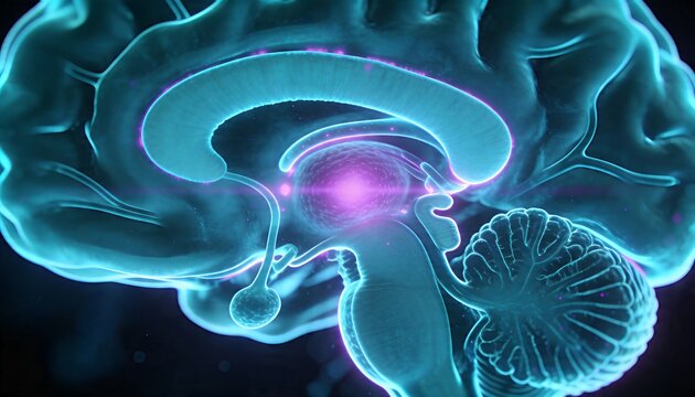 Rendering 3D sagittal brain showing glowing purple nucleus in digital studio, with corpus callosum