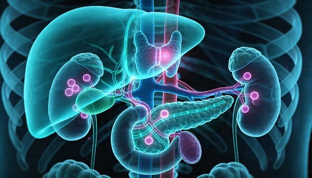 Showing central organs glowing in medical diagram, liver pancreas kidneys aorta cava nodes