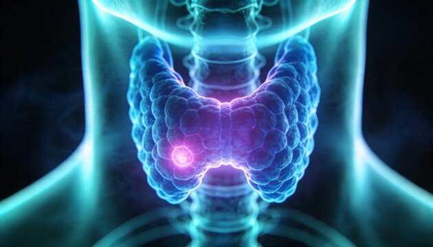Displaying 3D thyroid gland glowing in clinical render, highlighting magenta nodules and trachea