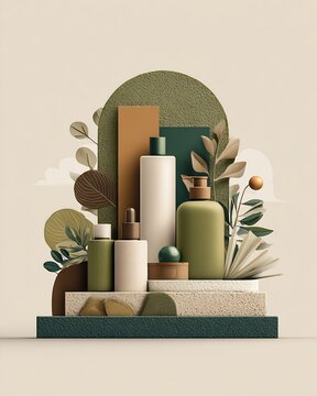 Minimal botanical skincare product display with earth toned bottles, jars and textured pedestals