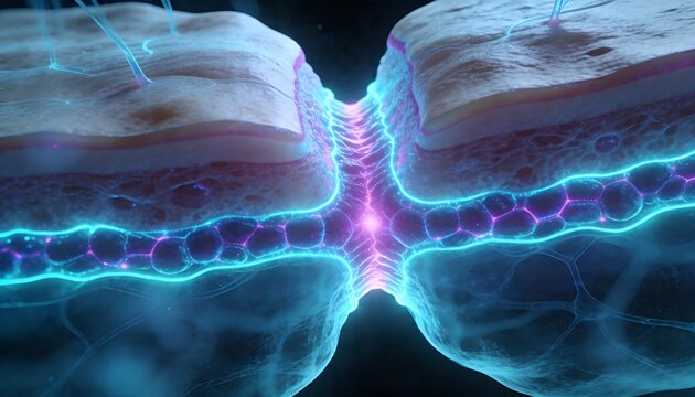 Glowing synapse showing pre- and postsynaptic terminals across cleft in nerve tissue, with vesicles