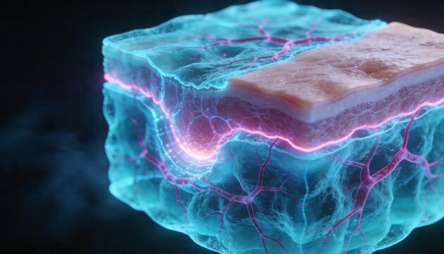 Showing skin slab floating in dark field, with cyan matrix, magenta vessels, glowing currents