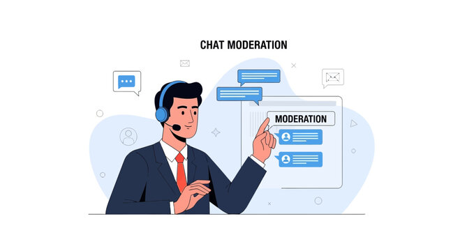 Online chat moderation. Man with headset reviewing messages on screen.