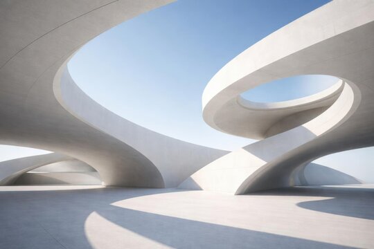 Elementos arquitect&oacute;nicos modernos abstractos que presentan formas curvas de hormig&oacute;n blanco bajo un cielo brillante y despejado