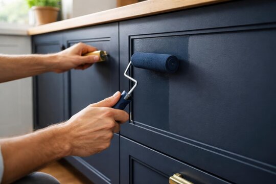 Un joven propietario pinta los gabinetes de cocina azul marino mate con un mini rodillo de espuma; se ve un primer plano de sus manos aplicando capas suaves y uniformes