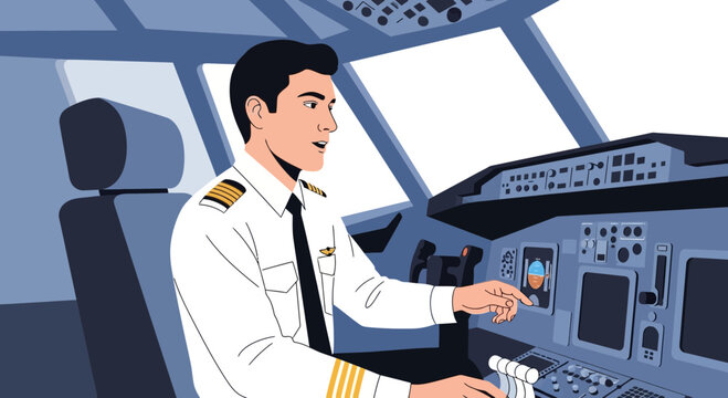 Pilot in modern cockpit, touching screen, flight control panel