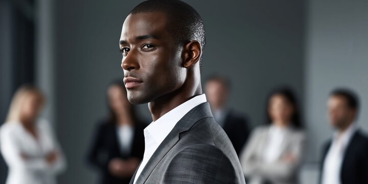 Confident Black businessman in sharp suit leading diverse team in modern office