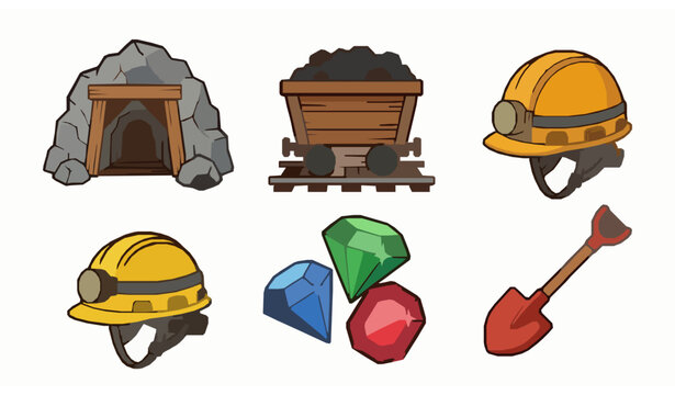 Cute mining icon set with coal cart gemstones helmet and mine entrance vector isolated on white