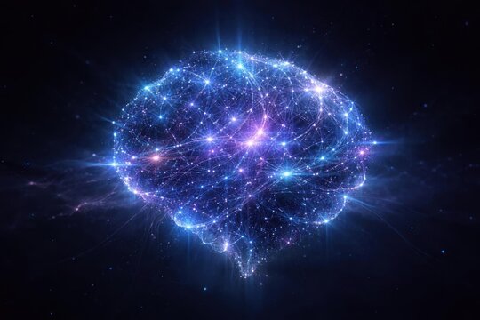 N&uacute;cleo de inteligencia artificial flotando en el profundo espacio oscuro, compuesto por miles de part&iacute;culas brillantes conectadas por v&iacute;as neuronales