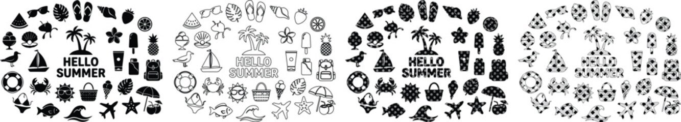 Obraz premium Summer vacation icon set, black silhouette beach holiday symbols, tropical travel vector elements collection, hello summer seasonal graphics