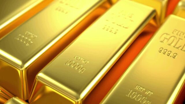 Close Up View of Rows of 999.9 Fine Gold Bullion Bars