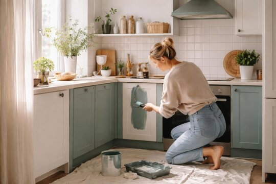 Renovaci&oacute;n de cocina DIY en un luminoso apartamento escandinavo: una mujer repinta los armarios de color azul salvia con un peque&ntilde;o rodillo