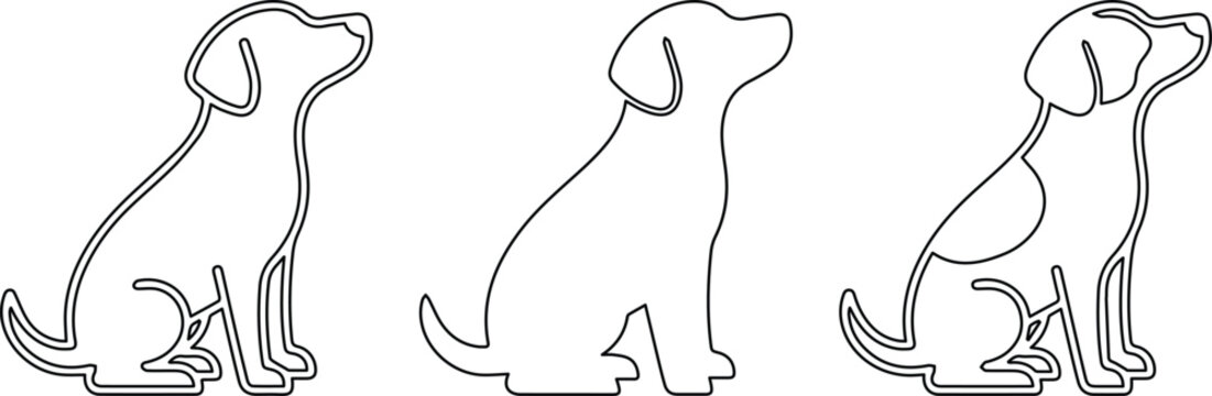 Minimalist dog outline vector set, simple puppy silhouette line art icons, black and white pet animal profile illustrations for logo design