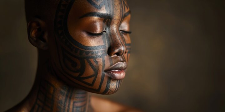 Fine art portrait of a dark-skinned African woman with intricate tribal face tattoos