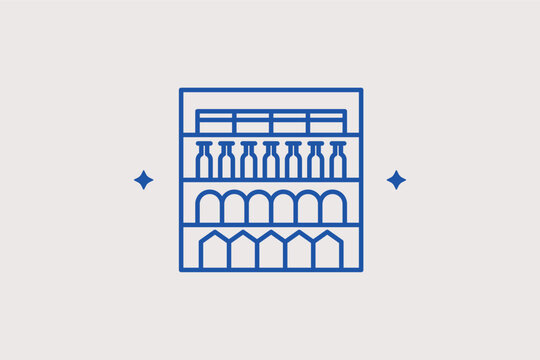 Supermarket shelves with products line icon for retail display and stock management. Detailed vector illustration for interior store planning and grocery retail blogs.