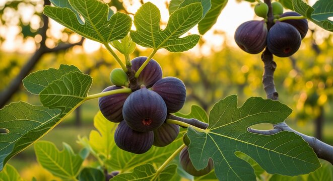 Ripe dark purple and young green figs hanging from a tree branch with green foliage, with a soft, sunlit blurred orchard background.