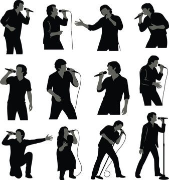 Singer performing with microphone poses Vector
