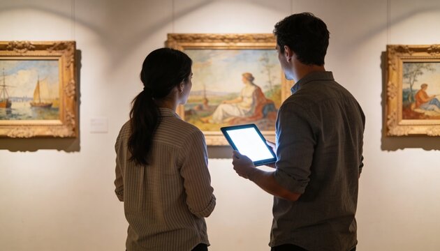 Standing couple viewing oil paintings in gallery, holding tablet lighting frames, wearing stripes