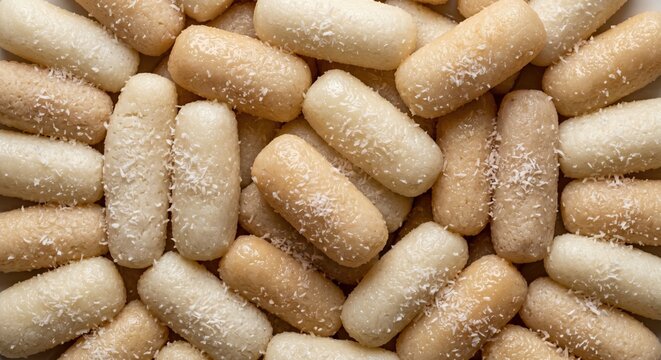 Delicious coconut barfi sweets arranged closely together their oblong shapes dusted with shredded coconut offering a sweet and chewy texture