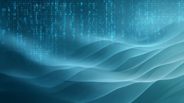 Digital binary code stream flowing through abstract blue waves representing big data processing and cybersecurity network infrastructure for modern cloud computing and internet security
