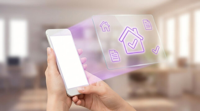 Smart home control concept with a person using a smartphone to manage household functions through a holographic interface