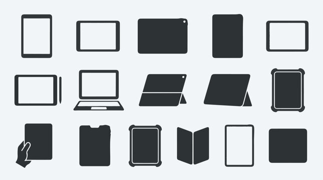 Collection of flat design tablet and laptop icons in various styles and forms