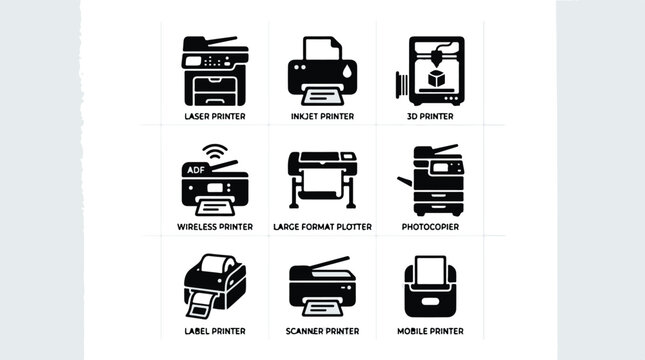 Black and white icons set of different types of printers and office equipment