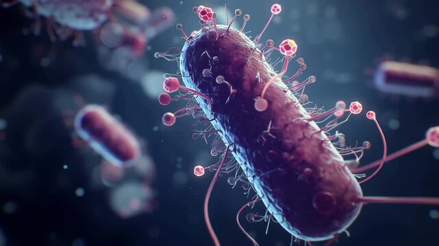 4K Ultra HD 3d rendering of a bacterium being attacked by bacteriophage viruses in a microscopic environment video