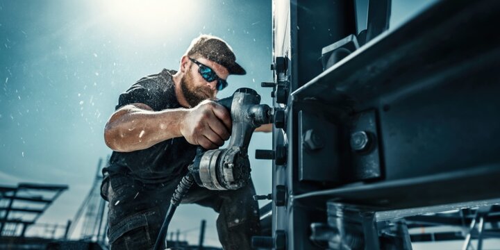 Rugged construction worker using a power tool to tighten bolts on steel beams