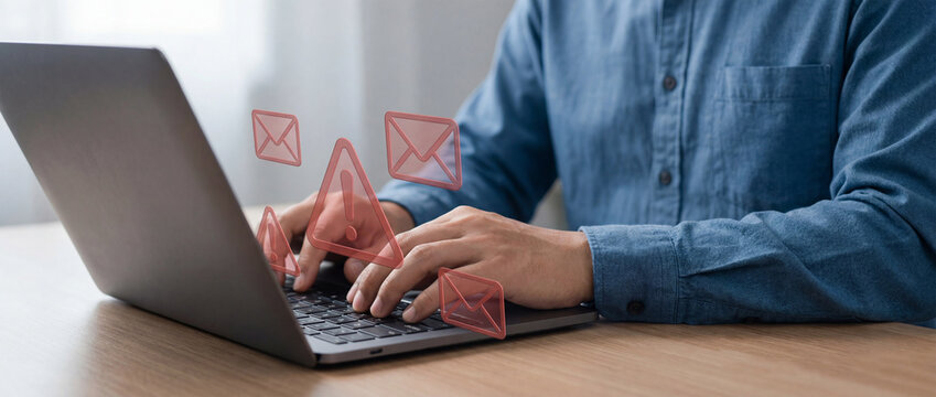 Email phishing alert concept featuring a laptop user with visible warning icons indicating potential threats.