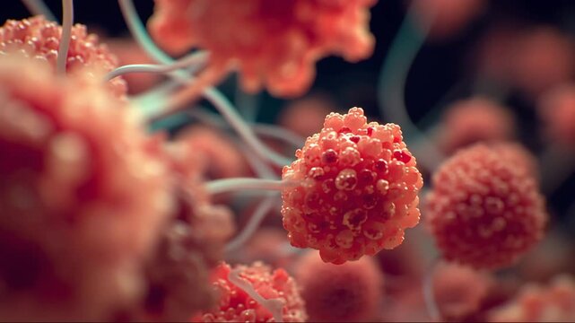 4K Ultra HD 3d render of microscopic cancer cells or virus particles with a textured surface and thin filaments video