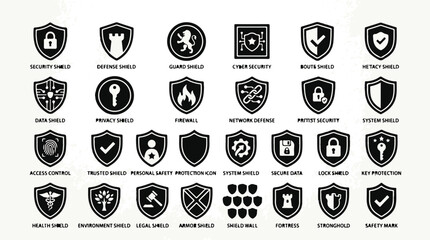 Set of twenty cyber security and safety protection shield icons with different symbols © Sadman Art