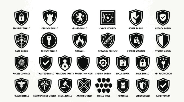 Set of twenty cyber security and safety protection shield icons with different symbols