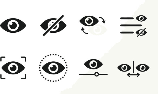 Flat set of eye icons showing different vision and eye care concepts