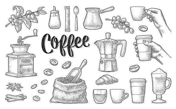 Set coffee. Beans, wooden scoop, sack, moka pot, turkish copper, hand-held grinder, branch with leaf and berry, glass latte with whipped cream. Vintage black vector engraving isolated on white