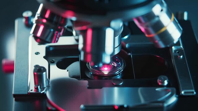4K Ultra HD Closeup of a professional laboratory microscope with glowing red and blue lighting video